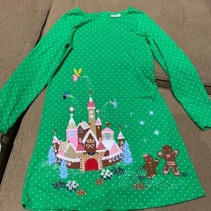Hanna Andersson holiday dress featuring a gingerbread castle!